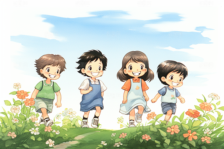 学生放暑假手绘结伴插画