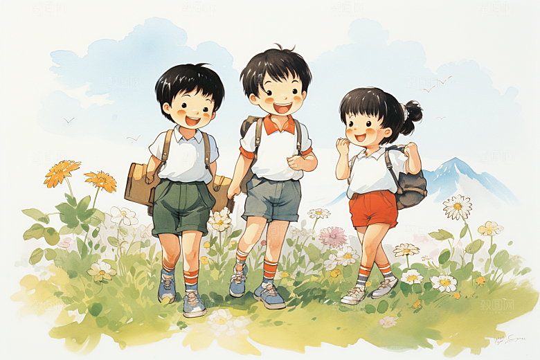 学生放暑假手绘结伴插画