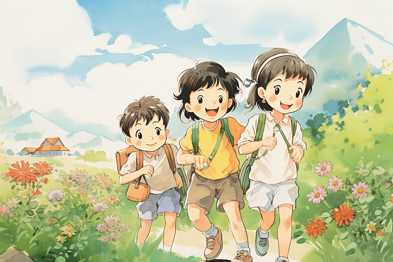 学生放暑假夏季结伴插画