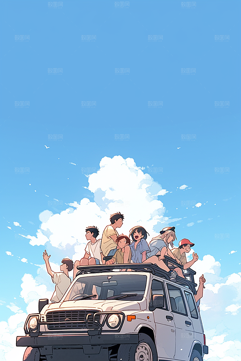 学生放暑假夏季旅游插画