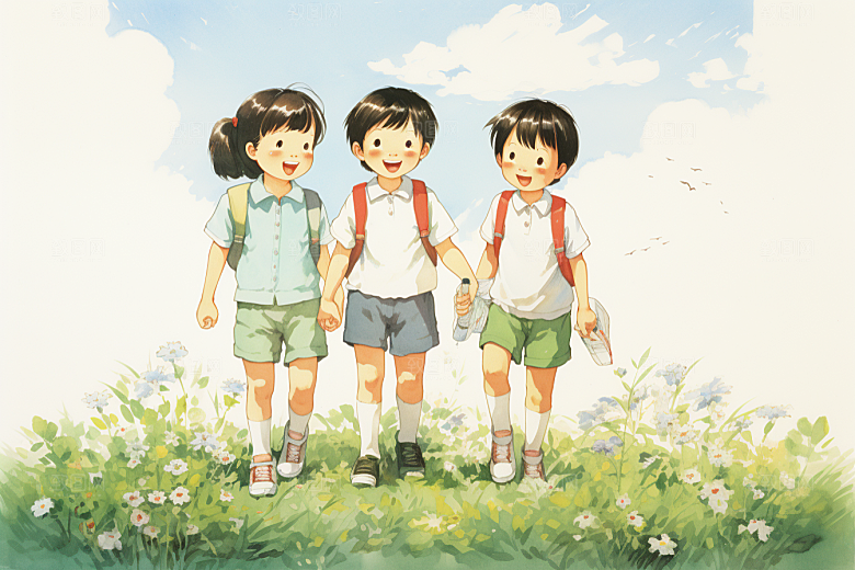 学生放暑假结伴毕业旅游插画