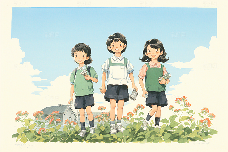 学生放暑假结伴快乐插画