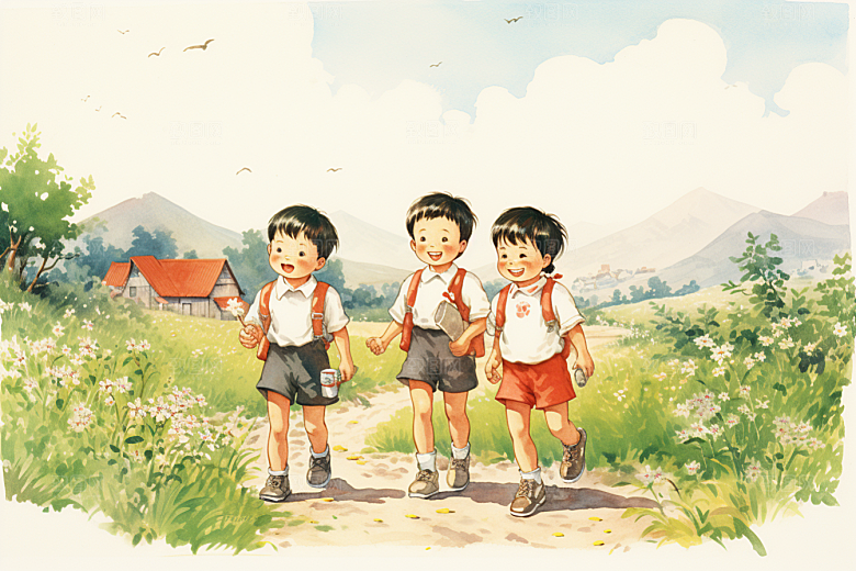 学生放暑假手绘结伴插画