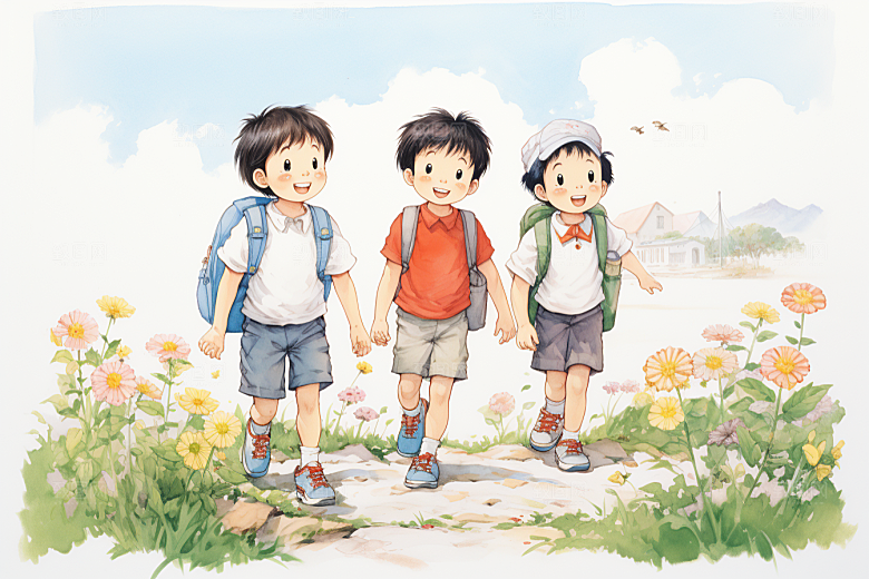 学生放暑假漫画风出游插画
