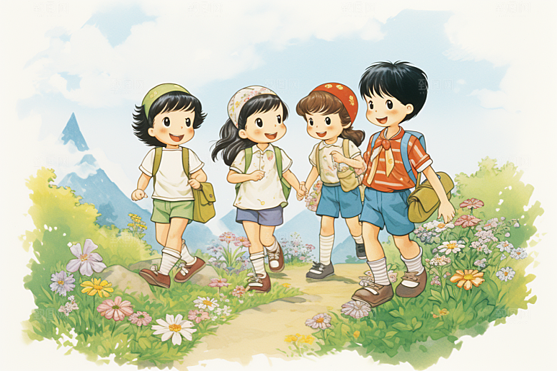 学生放暑假结伴结业插画
