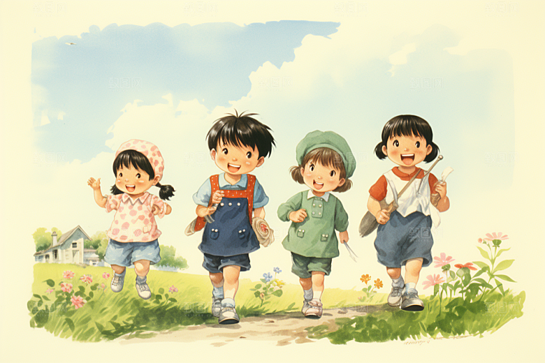 学生放暑假结业旅游插画