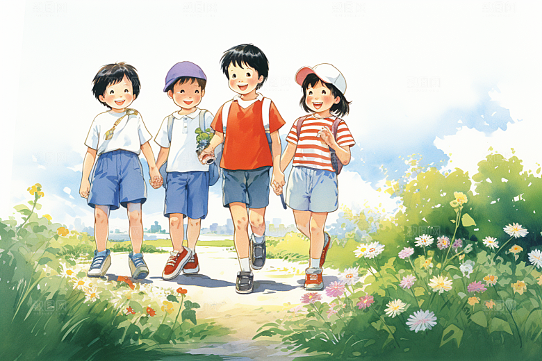 学生放暑假手绘出游插画