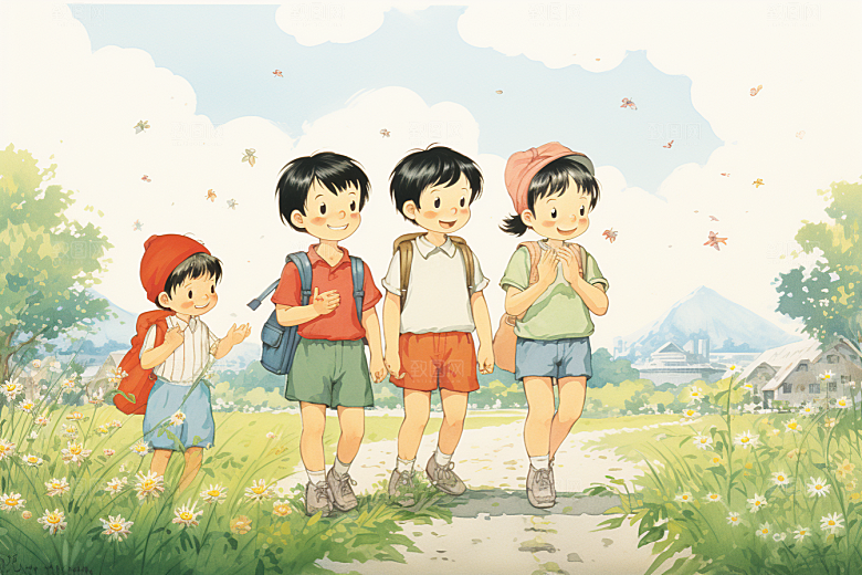 学生放暑假结业漫画风插画