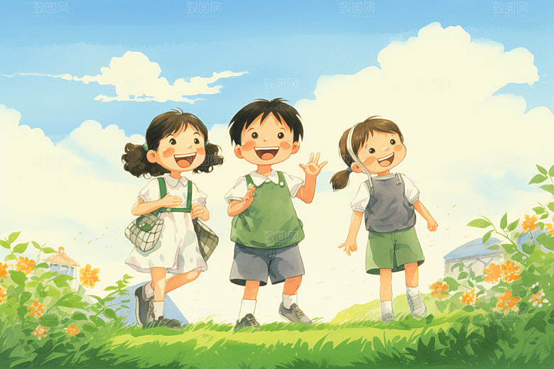 学生放暑假漫画风出游插画