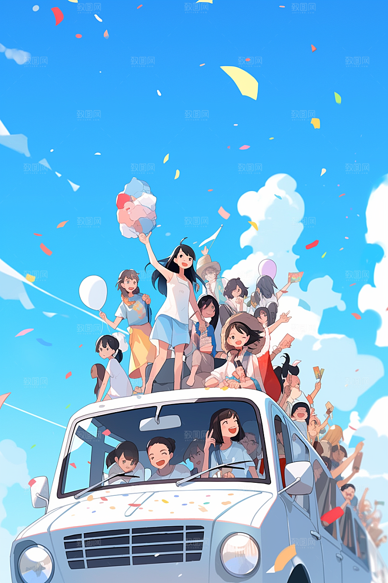 学生放暑假旅游漫画风插画