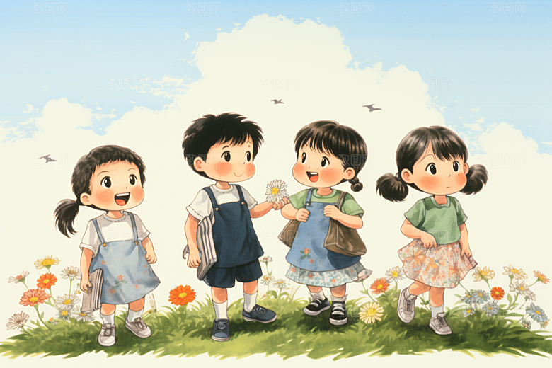 学生放暑假旅游结伴插画