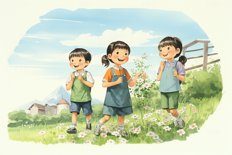 学生放暑假漫画风旅游插画