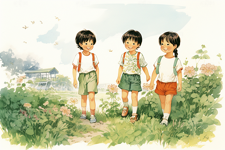 学生放暑假旅游夏天插画