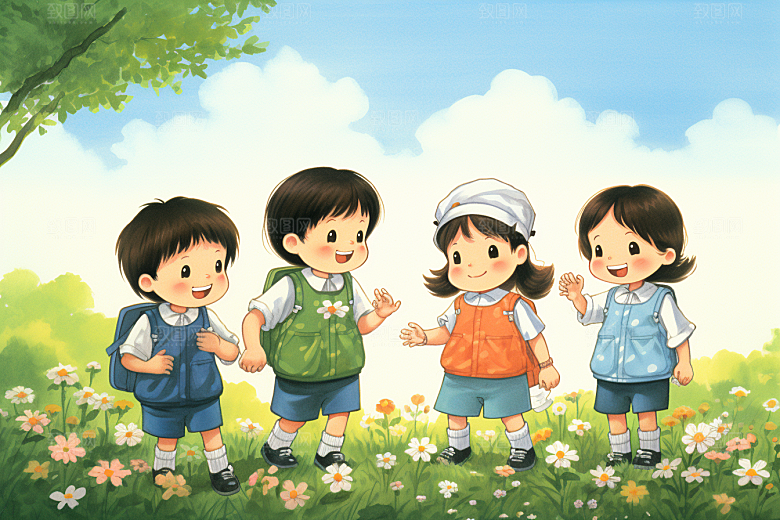 学生放暑假出游手绘插画