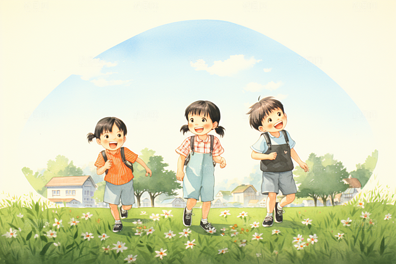 学生放暑假漫画风手绘插画