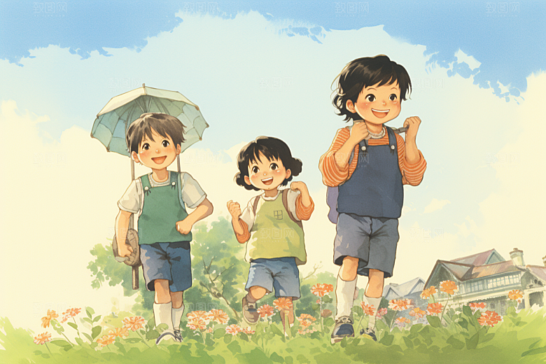 学生放暑假旅游结业插画
