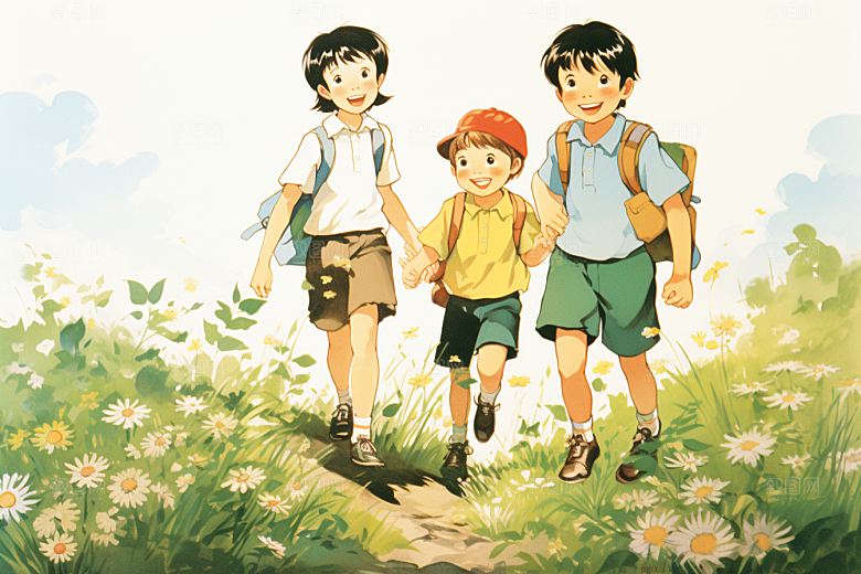 学生放暑假夏天出游插画
