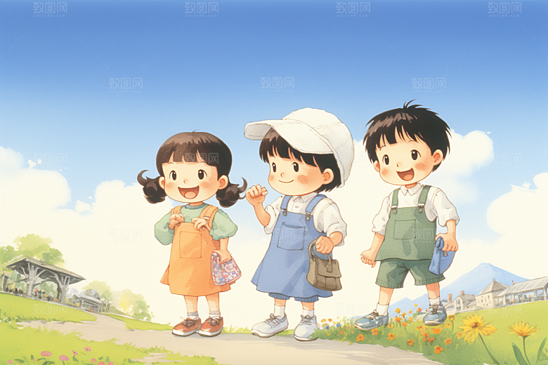 学生放暑假结伴快乐插画