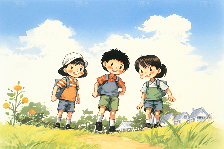 学生放暑假结伴夏季插画