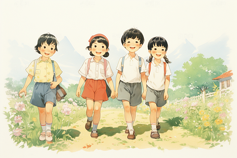 学生放暑假快乐放假了插画