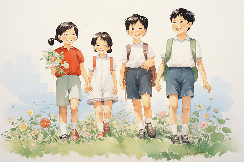 学生放暑假旅游快乐插画