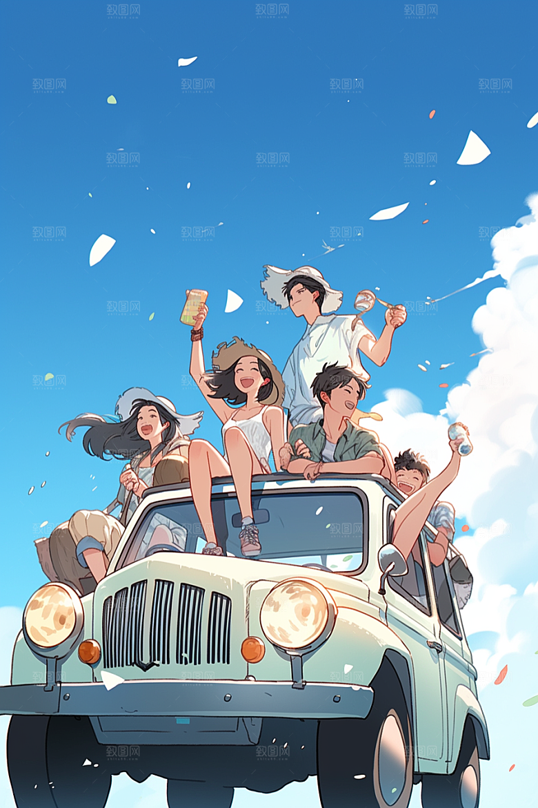 学生放暑假结伴旅游插画