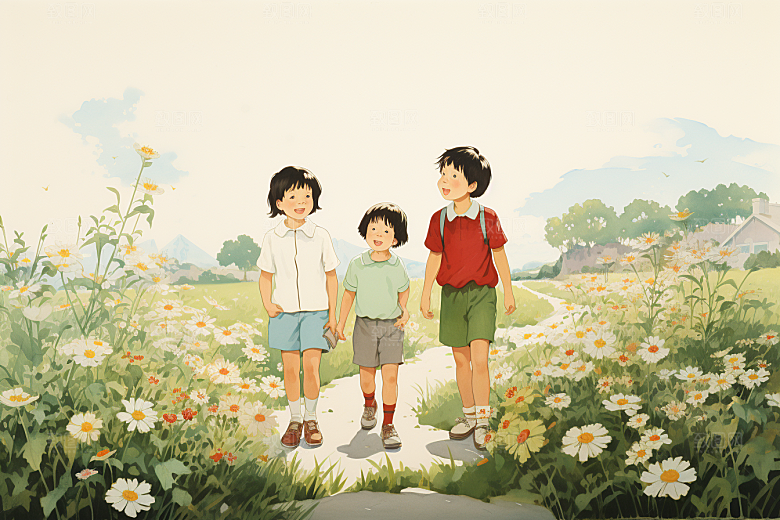 学生放暑假旅游快乐插画
