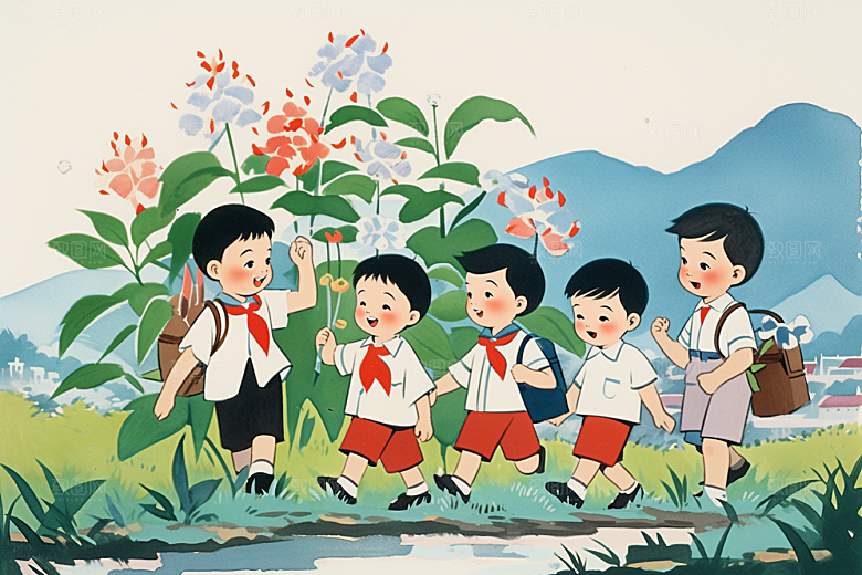 学生放暑假结伴旅游插画