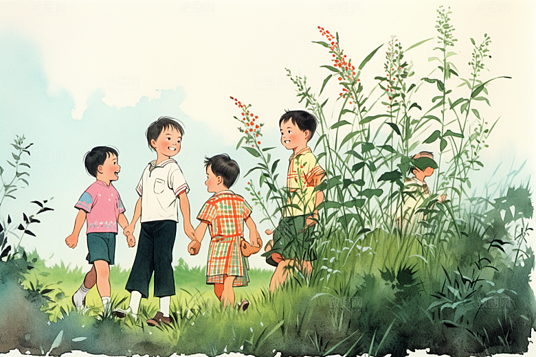 学生放暑假快乐旅游插画