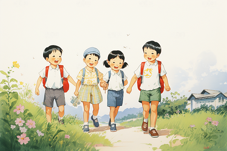 学生放暑假旅游快乐插画