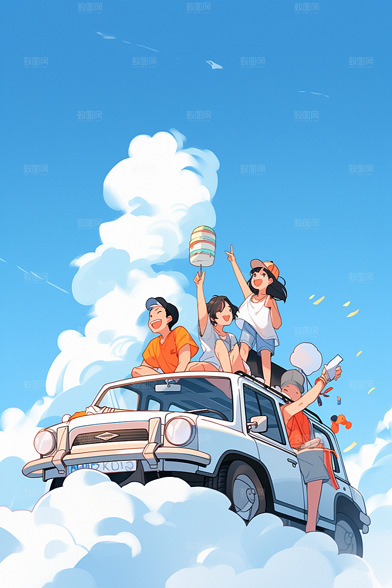 学生放暑假漫画风毕业旅游插画