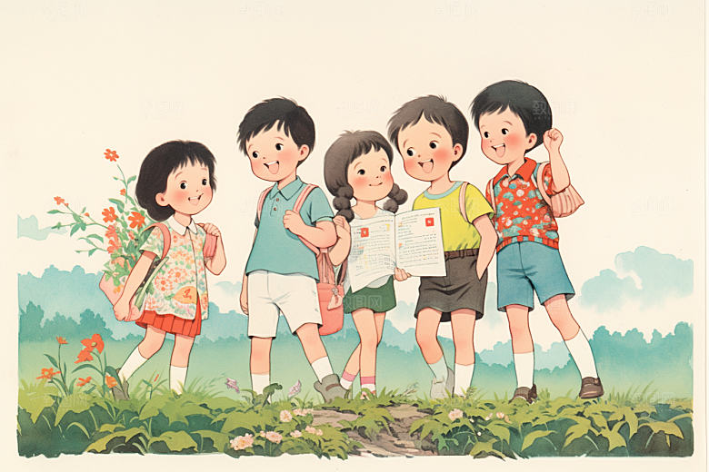 学生放暑假旅游快乐插画