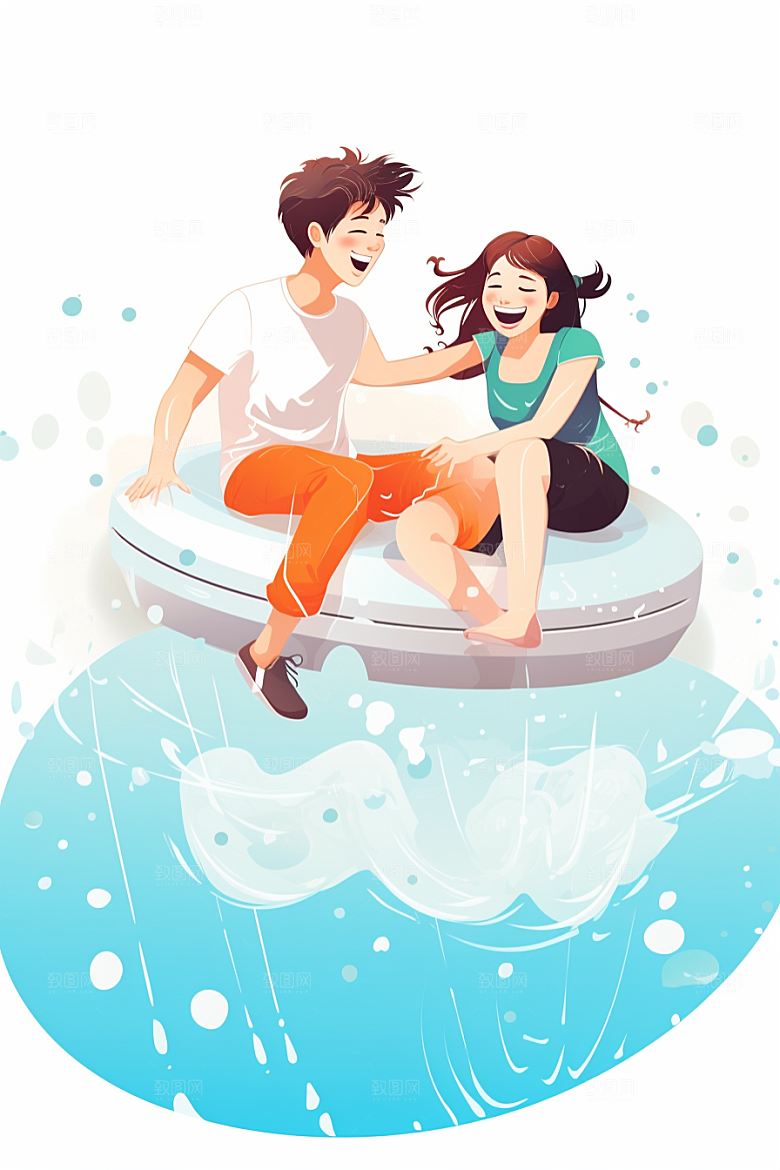 学生放暑假旅游漫画风插画