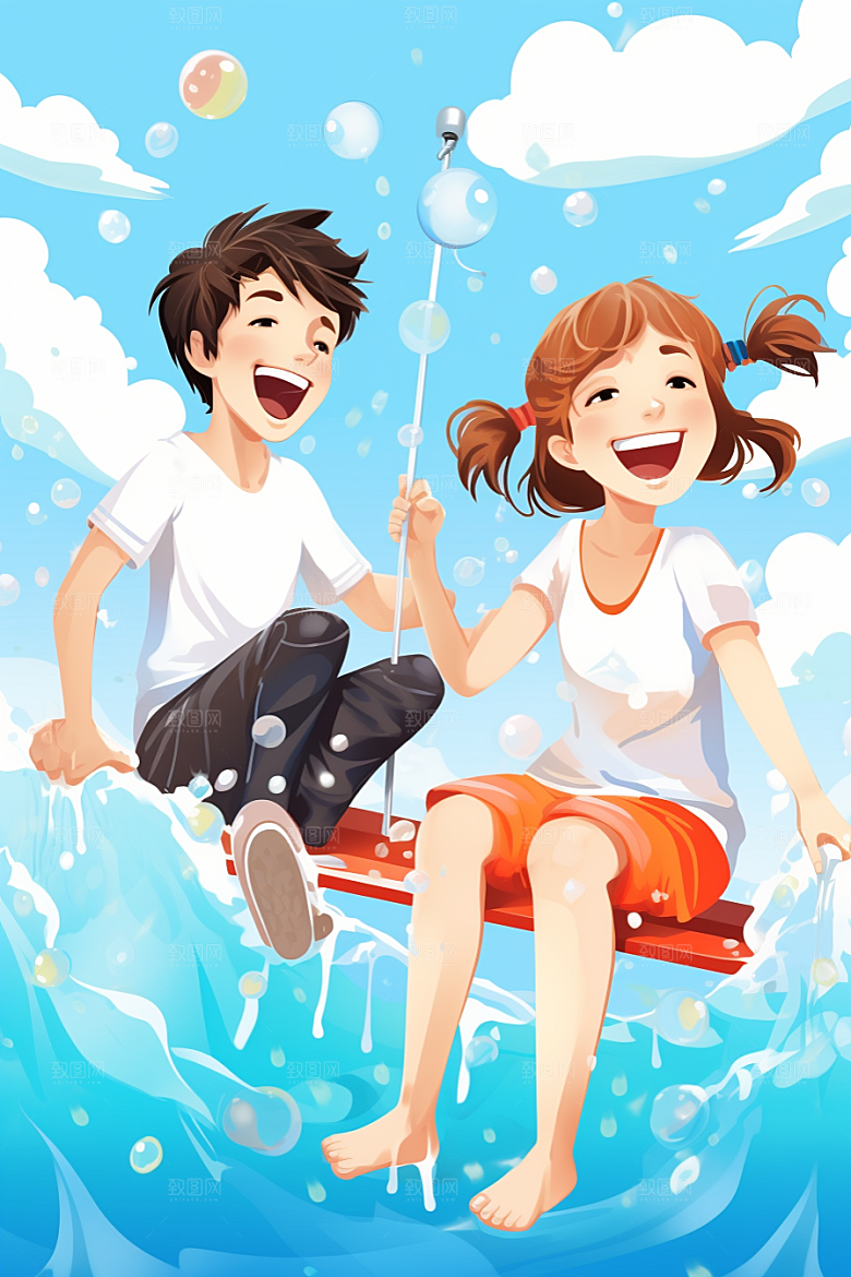 学生放暑假快乐旅游插画