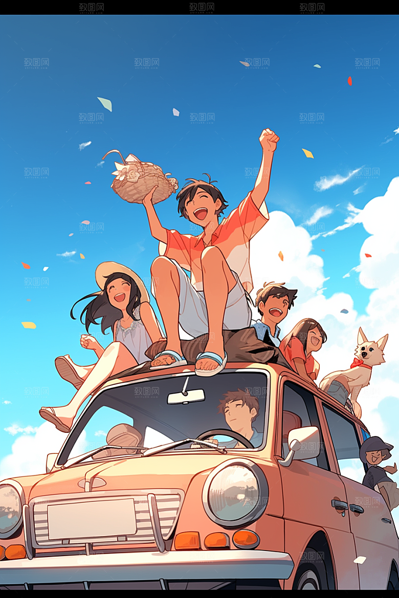 学生放暑假旅游结伴插画