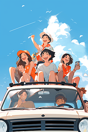 学生放暑假结伴夏季插画