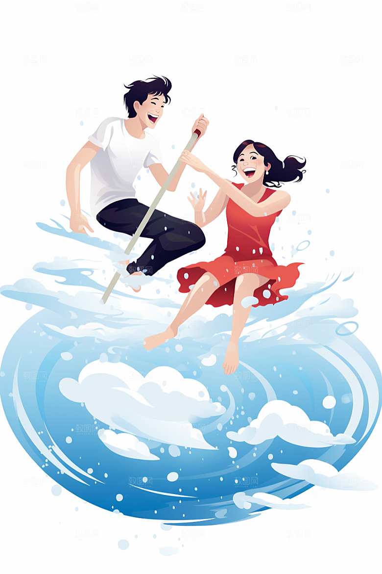 学生放暑假结伴手绘插画