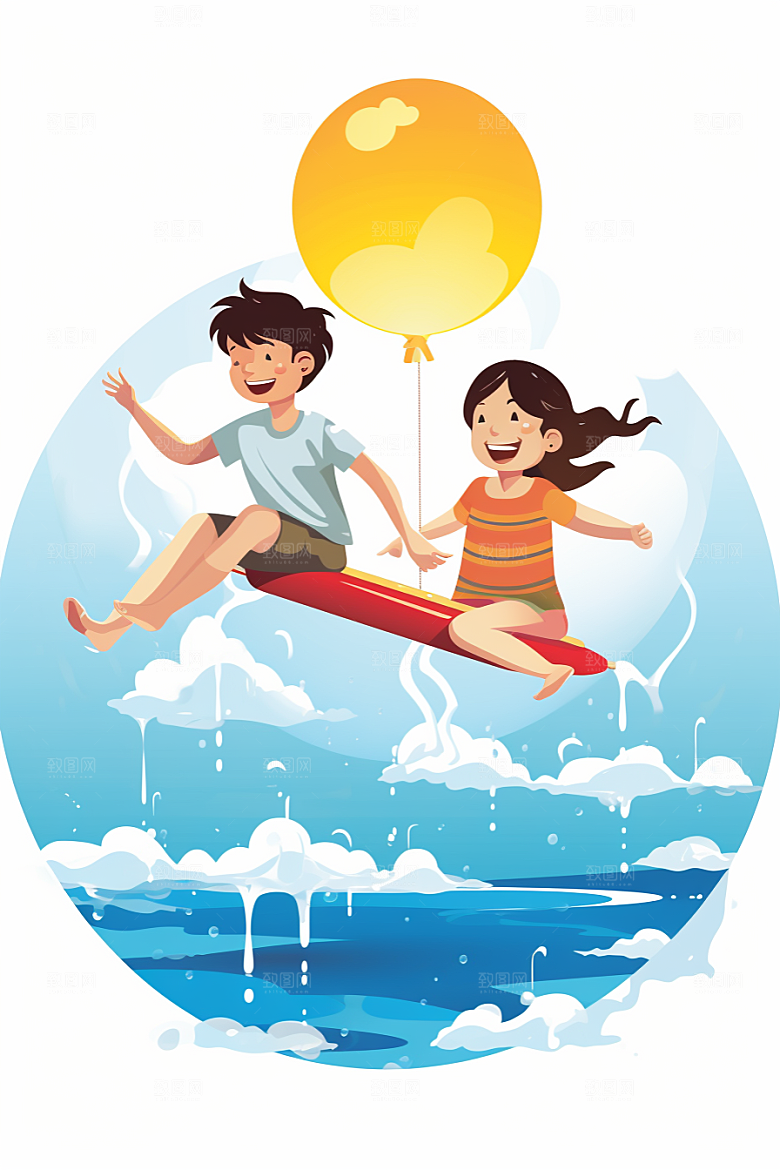 学生放暑假夏天结伴插画