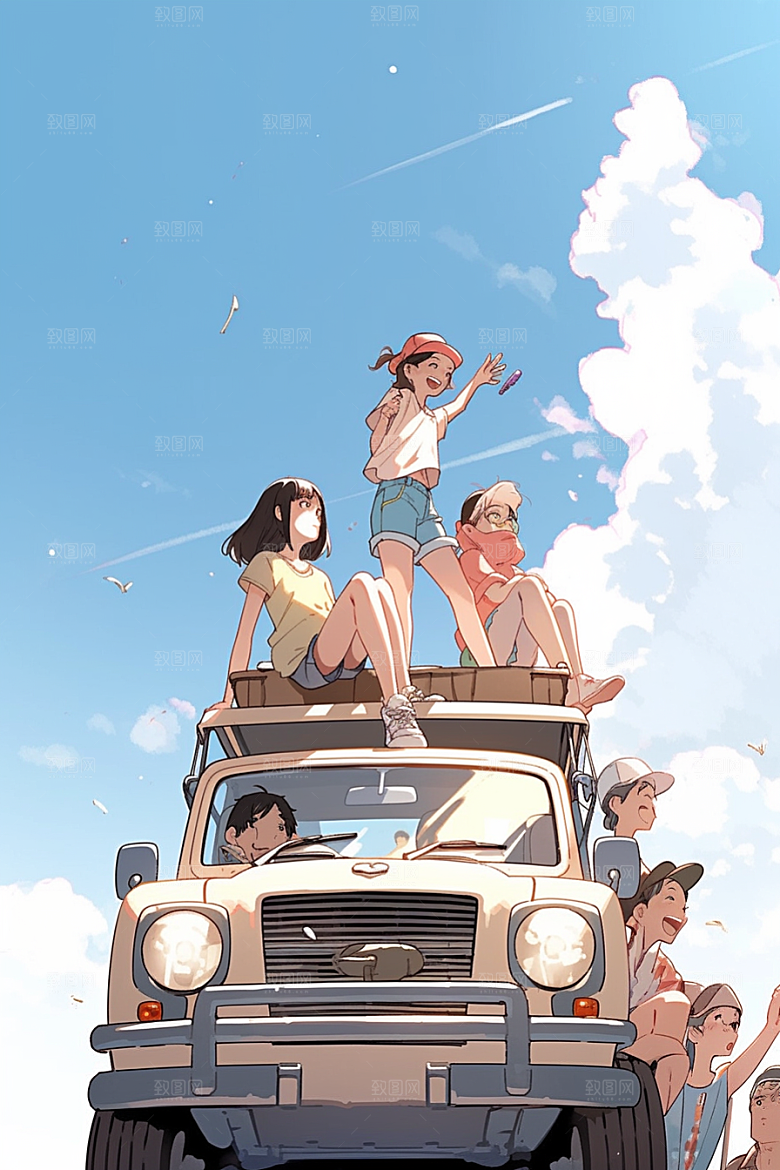 学生放暑假快乐结伴插画