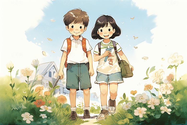 学生放暑假漫画风结业插画