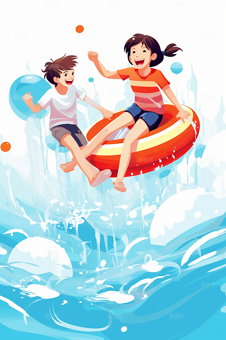 学生放暑假漫画风旅游插画