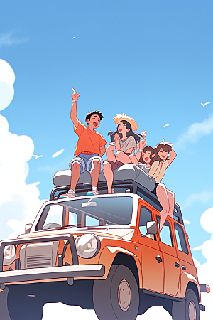 学生放暑假出游旅游插画