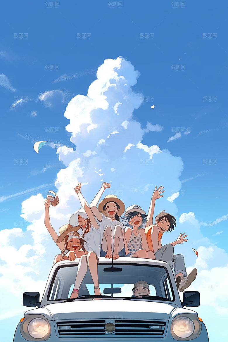 学生放暑假结伴手绘插画