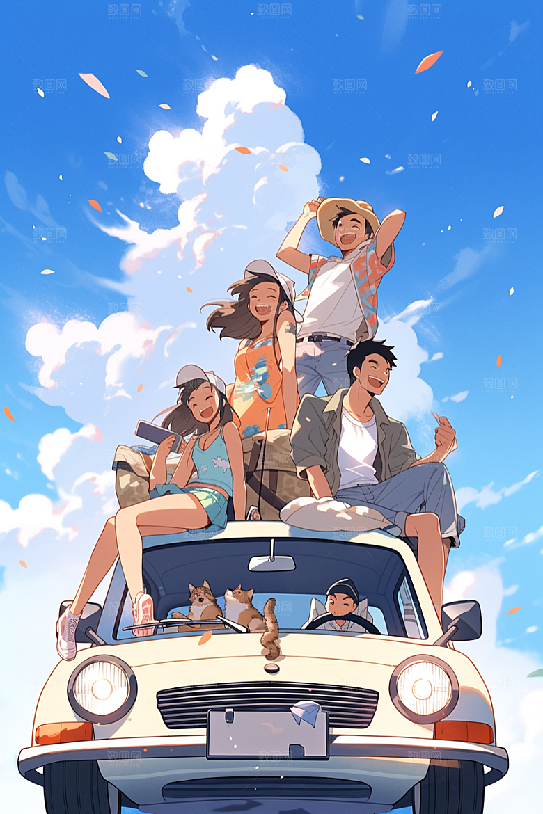 学生放暑假毕业旅游漫画风插画
