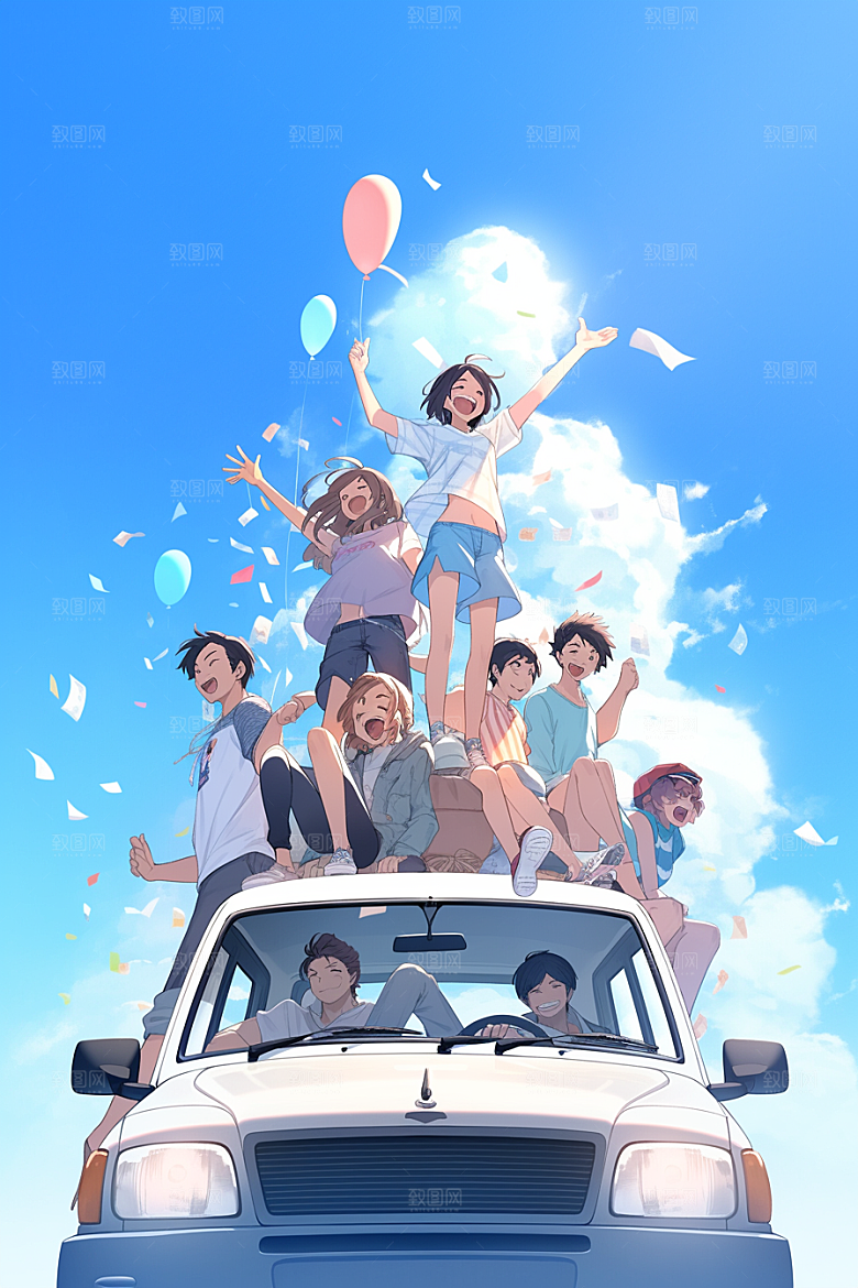 学生放暑假结业出游插画