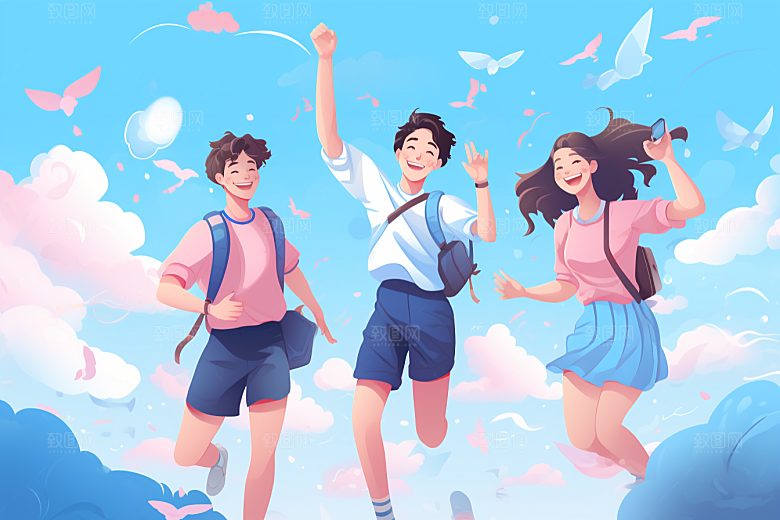 学生放暑假漫画风夏天插画