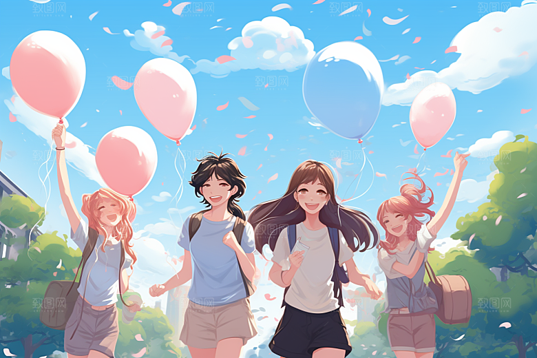 学生放暑假出游结伴插画
