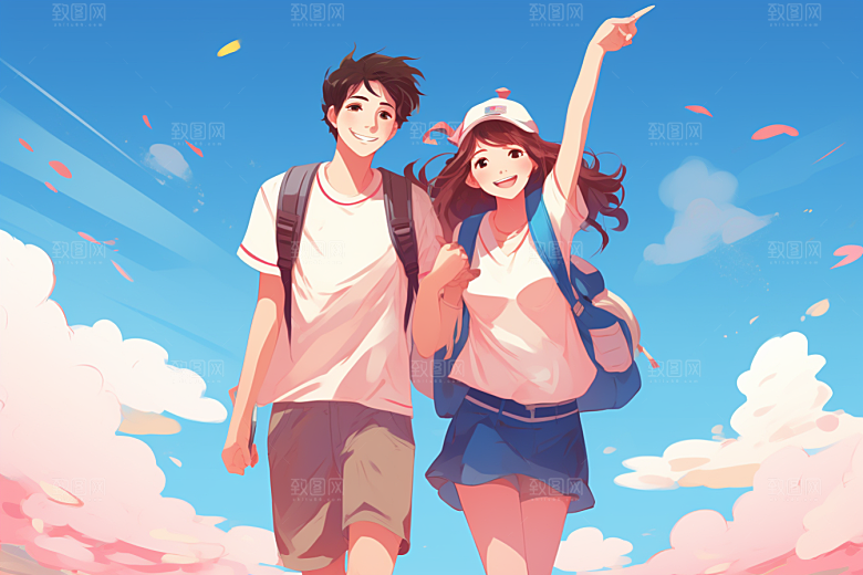 学生放暑假快乐结伴插画