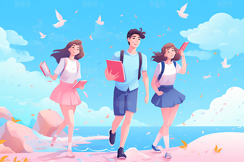 学生放暑假快乐结伴插画