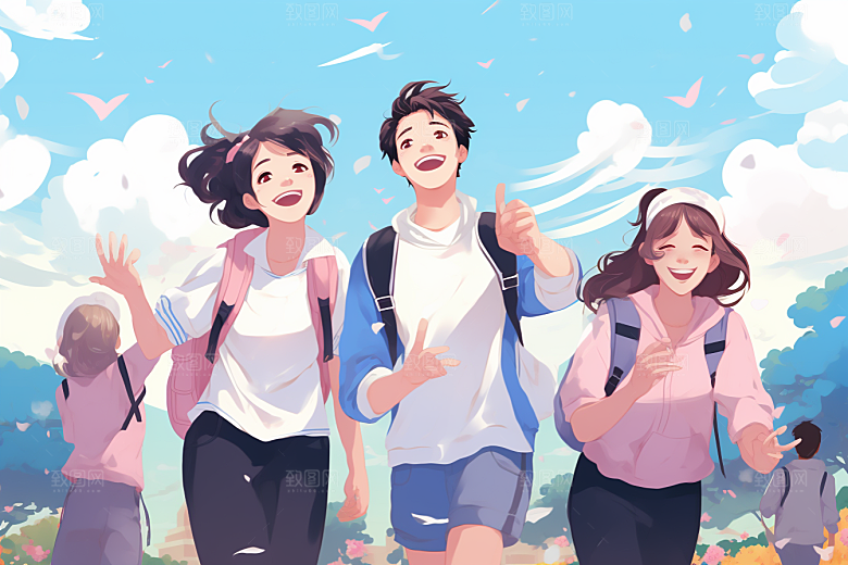 学生放暑假毕业旅游结伴插画